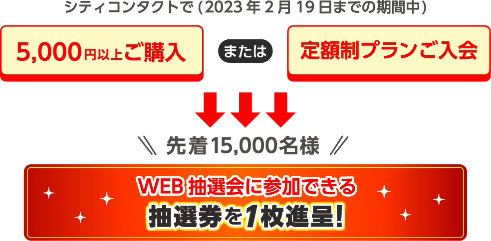 5000円以上ご購入または定額制プランご入会で先着15,000名様に抽選券を１枚贈呈